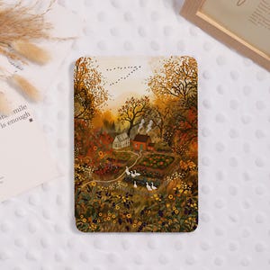 May include: A rectangular print featuring an autumn landscape illustration with a small orange house, a greenhouse, and a garden. The scene includes trees with orange and brown foliage, a flock of birds in the sky, and white geese in the garden.