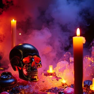 Pode incluir: Uma caveira preta com olhos vermelhos brilhantes est&aacute; no meio de velas acesas e fuma&ccedil;a rodopiante. A cena &eacute; iluminada com tons de laranja e roxo, criando um ambiente assustador. Velas de v&aacute;rios tamanhos adicionam profundidade &agrave; exibi&ccedil;&atilde;o tem&aacute;tica de Halloween.