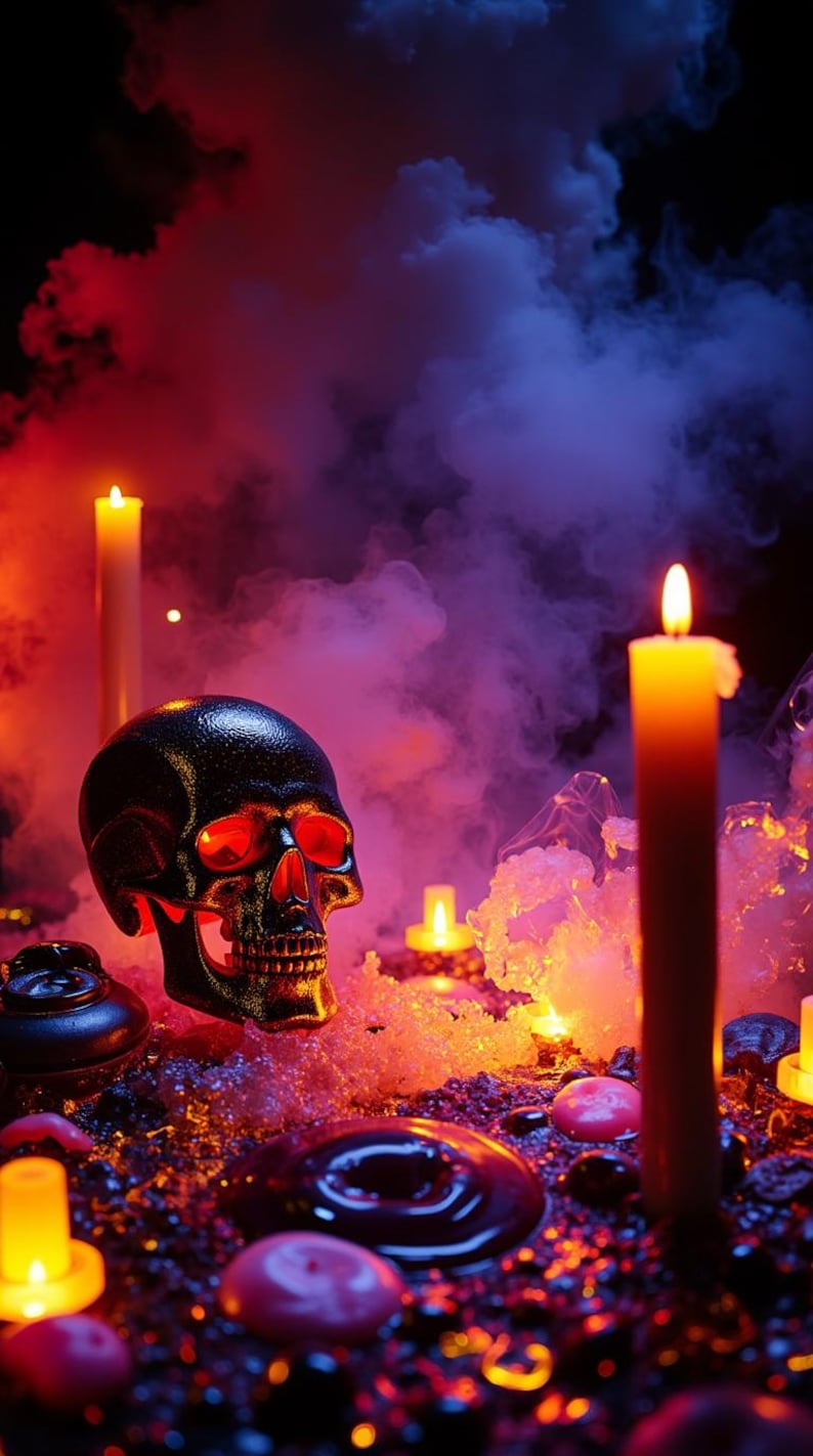 Pode incluir: Uma caveira preta com olhos vermelhos brilhantes est&aacute; no meio de velas acesas e fuma&ccedil;a rodopiante. A cena &eacute; iluminada com tons de laranja e roxo, criando um ambiente assustador. Velas de v&aacute;rios tamanhos adicionam profundidade &agrave; exibi&ccedil;&atilde;o tem&aacute;tica de Halloween.