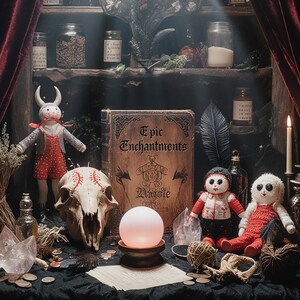 May include: A mystical still life featuring a glowing orb, a baseball skull, and a book titled "Epic Enchantments". The scene includes dolls, bottles, candles, and dried herbs, creating a witchy, gothic aesthetic. The backdrop is a dark red curtain.