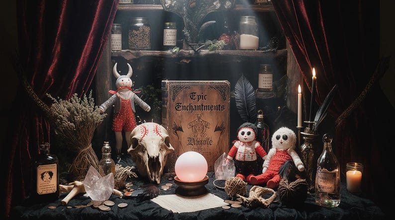May include: A mystical still life featuring a glowing orb, a baseball skull, and a book titled "Epic Enchantments". The scene includes dolls, bottles, candles, and dried herbs, creating a witchy, gothic aesthetic. The backdrop is a dark red curtain.