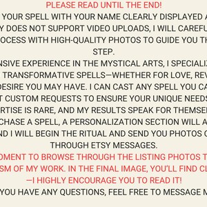 May include: Text on a cream-colored background, detailing spell preparation, documentation with photos, and custom requests. The text encourages browsing listing photos and reading client feedback. The text is in black and red.