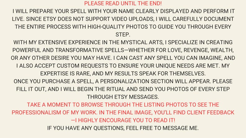 May include: Text on a cream-colored background, detailing spell preparation, documentation with photos, and custom requests. The text encourages browsing listing photos and reading client feedback. The text is in black and red.