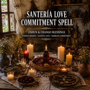Puede incluir: Un montaje ritual con una vela oscura central envuelta en hilo rojo dentro de un cuenco de madera, rodeada de velas blancas, rojas y amarillas, flores secas y cuentas sobre un paño estampado con el texto SANTERÍA LOVE COMMITMENT SPELL.