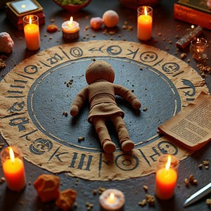 Pode incluir: Cena ritual&iacute;stica com uma boneca de pano sobre um pergaminho circular com s&iacute;mbolos. Velas acesas, uma adaga e um livro circundam a boneca. A cena &eacute; ambientada em uma superf&iacute;cie escura, criando uma atmosfera m&iacute;stica.