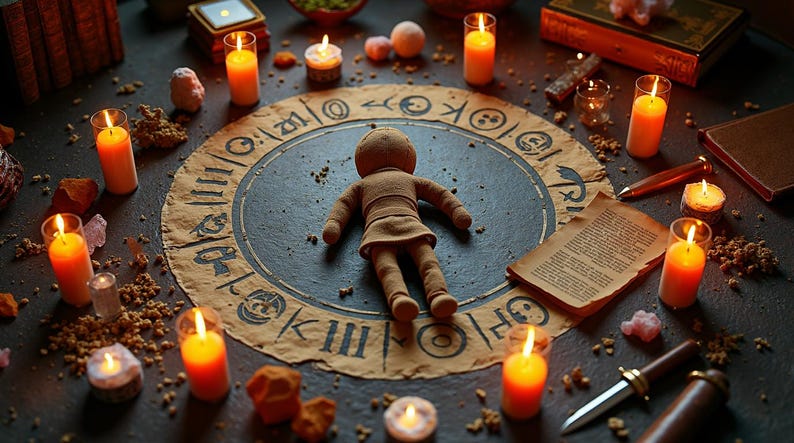 Pode incluir: Cena ritual&iacute;stica com uma boneca de pano sobre um pergaminho circular com s&iacute;mbolos. Velas acesas, uma adaga e um livro circundam a boneca. A cena &eacute; ambientada em uma superf&iacute;cie escura, criando uma atmosfera m&iacute;stica.