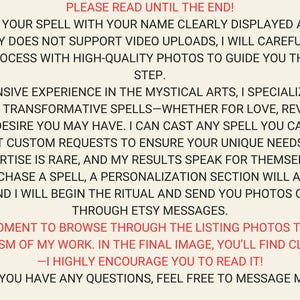 Pode incluir: Texto em fundo creme, detalhando a prepara&ccedil;&atilde;o de feiti&ccedil;os, documenta&ccedil;&atilde;o com fotos e pedidos personalizados. O texto incentiva a navegar pelas fotos do an&uacute;ncio e a ler o feedback dos clientes. O texto est&aacute; em preto e vermelho.