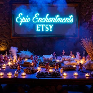 May include: A mystical scene with a wooden table laden with candles, figurines, and open books. The neon sign reads "Epic Enchantments ETSY." Smoke and purple lighting create an enchanting atmosphere, suggesting a fantasy or magical theme.