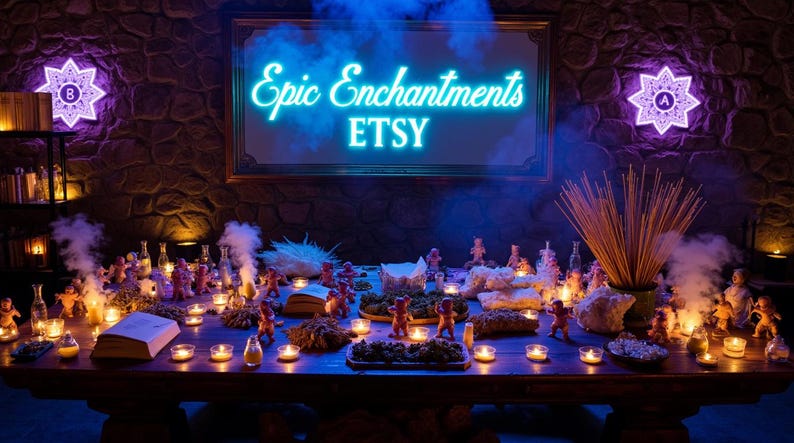 May include: A mystical scene with a wooden table laden with candles, figurines, and open books. The neon sign reads "Epic Enchantments ETSY." Smoke and purple lighting create an enchanting atmosphere, suggesting a fantasy or magical theme.