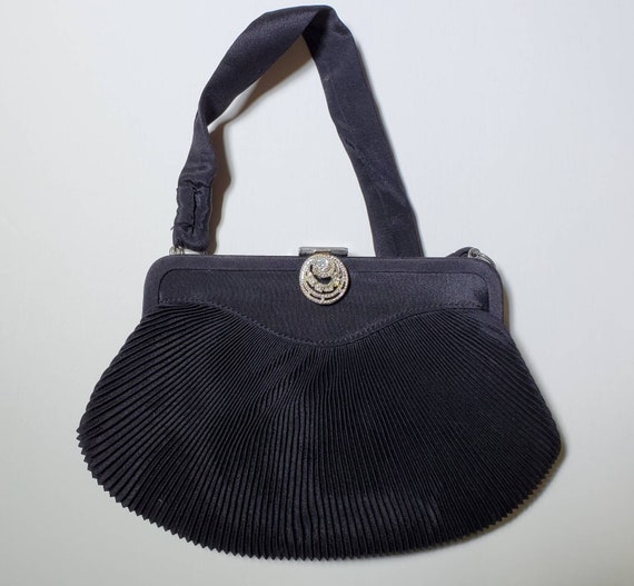 Mid Century Black Faille Handbag with Rhinestone … - image 1