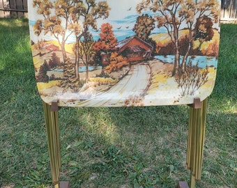 Set of 4 1970s Fiberglass Folding TV Trays, Fall Colours, Vintage Portable Lightweight Tray Table Set, Bridge Road Trees River, Like New