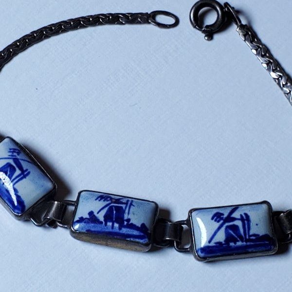 Delft Panel Bracelet with 825 Silver Chain, Delft Windmill Jewelry