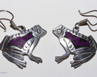 Artisan crafted frog earrings set in sterling silver with purple spiny oyster shell inlay stamped