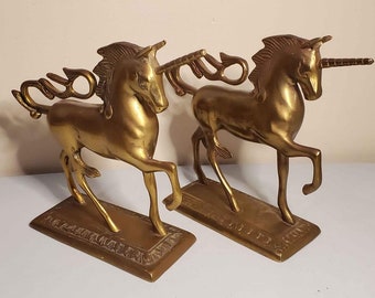 Vintage Brass Unicorn Statues - Pair of Gold Unicorn Figurines - Fantasy Mythical Decor