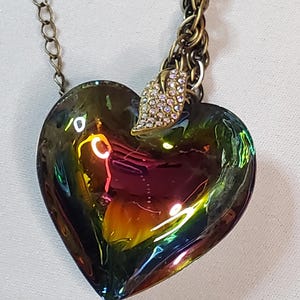 Iridescent Crystal Heart Pendant Necklace with Rhinestones, signed Butler