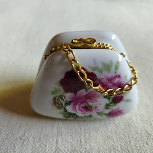 Vintage Porcelain Purse Trinket Box with Gold Chain & Hand-Painted Floral Roses, Collectible Vanity Decor