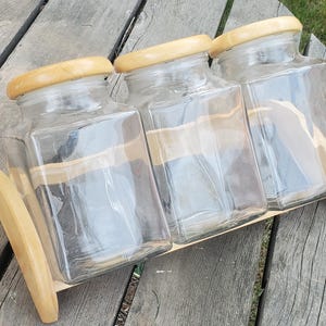 Mid Century Maple Caddy with Glass Kitchen Canister Set - 1960s Retro Storage Jars