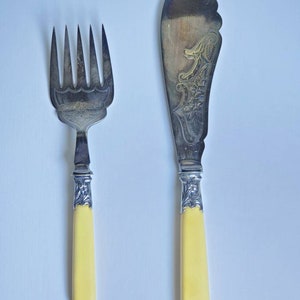 Silverplated scroll work fish fork and knife, serving set, AF & CO mid century
