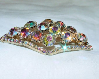 1950's Aurora Borealis Rhinestone Brooch | Mid Century Accessory | Vintage Signed Jewelry