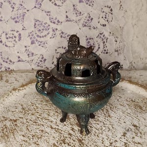 Vintage Bronze Incense Burner with Foo Dog Finial | Tripod Censer with Natural Verdigris Patina