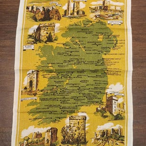 Vintage Irish Castles Linen Tea Towel - &quot;Castles in Ireland&quot; Map Souvenir