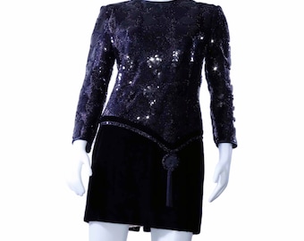 Designer Gianni D'Alberto Black Velvet Sequin Party Dress - Vintage Glam