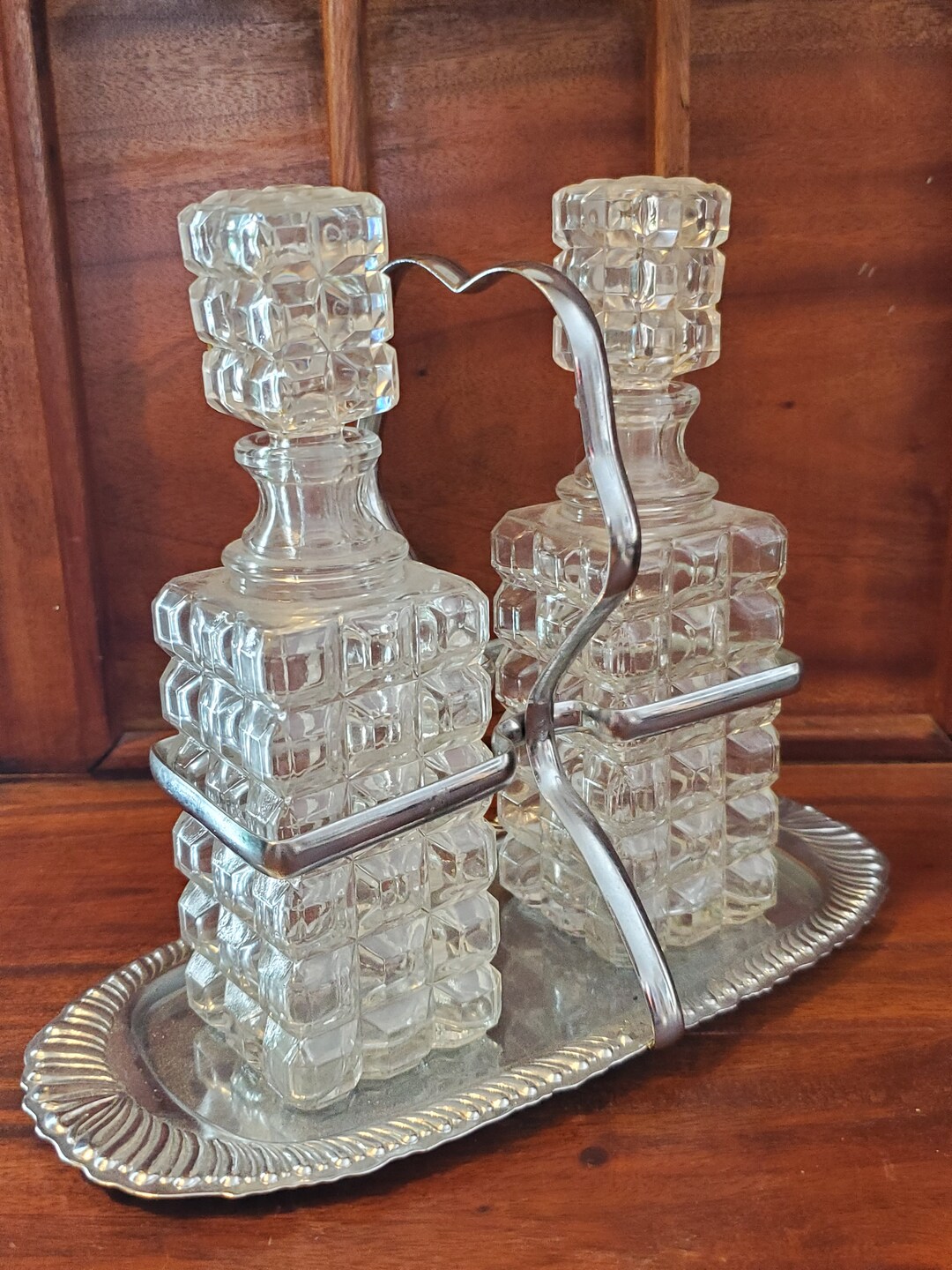 Pressed Glass Cruet Set With Caddy, Crystal Glass Decanters, Mid
