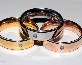 Set of 3 Stainless Steel Band Rings: YG, RG, Diamond Chip (Size 7)