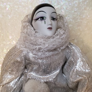 Vintage Pierrot Tear Drop Mime Porcelain Doll - Collectible Figurine - 17 inches
