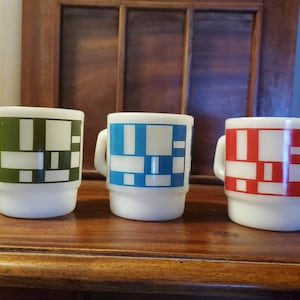 Vintage Fire King Milk Glass Mugs: Mid-Century Modern Geometric Set