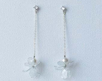 Translucent Jasmine Bridal Earrings-Dainty Airy Pearl Drop Flower Wedding Statement Earrings, Elegant Unique Handmade Floral Resin Earrings