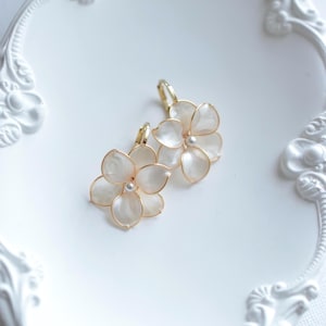 Jasmine Flower Dainty Bridal Earrings : Romantic Dangling Floral Pearl Ear Hoop , Wedding Jewelry