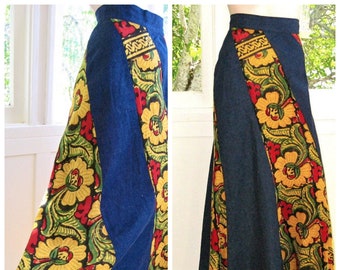 Vintage 70's Dark Denim Maxi Skirt - Paneled Vibrant Floral Yellow - Red - Green  Barkcloth - Boho -Hippie -