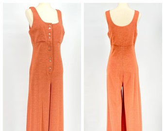 Vintage 1960s 1970s Tangerine / Pumpkin / Burnt Orange Knit Palazzo Pant Button Down Sleeveless Jumpsuit Romper