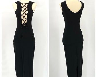 Vintage 90’s Sexy Deep Plunge Criscross Bodycon Black Dress - Cocktail Party - Night Club - New Years Eve