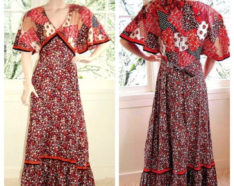 Vintage 1970's Designer Patchwork Calico Pussy Cat Print Maxi Dress By Susan Small London RARE -
