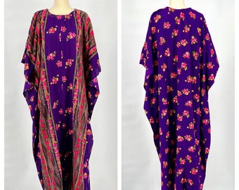 Vintage 70s Psychedelic Day-Glo Purple Pink Baby Rose Paisley Floral Print BRIGHT Fluorescent Angel Wing Cocoon Maxi Dress