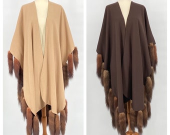 Vintage Designer 'Adrienne Landau' Gorgeous Cashmere Two-Tone Camel / Chocolate Brown Oversized Reversible Shawl Wrap with Sable Tails