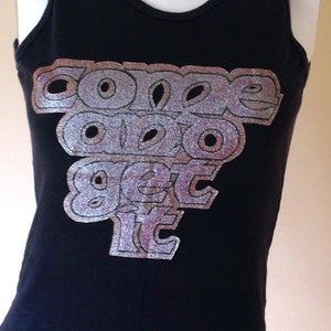 Vintage 70s Glitter Iron-On Decal &#39;COME and GET IT!!&#39;  Black Tank Top -