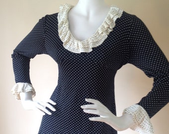 Vintage 1970's Black and White Polka Dot Tunic Top -