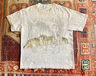 Vintage 80s 90s Wolf T-Shirt -Single Stitch - Paper Thin - Wolf Family - Wolf Pack - Gray Cotton - Adult T-Shirt L-