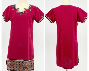 Vintage Indian Shisha Mirrored Tunic Mini Dress Hand Embroidered Cotton Cranberry Red Green Black Yellow