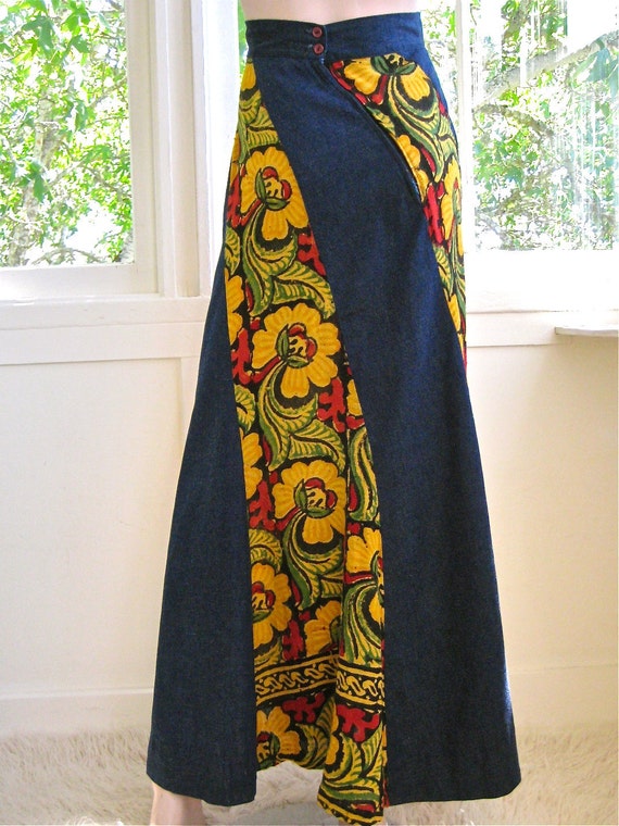 Vintage 70's Dark Denim Maxi Skirt - Paneled Vibr… - image 3