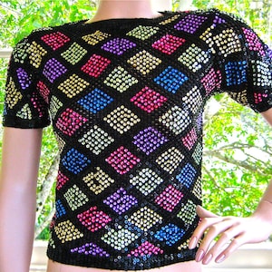 Vintage 70&#39;s/80&#39;s Sequin Sweater Top SHIMMERING Multi-Color Diamond Shape Pattern -
