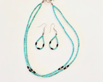 Vintage Turquoise / Onyx Jacla Heishi Necklace Earring Set -