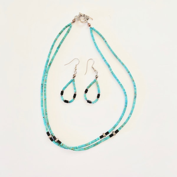 Vintage Turquoise / Onyx Jacla Heishi Necklace Earring Set -