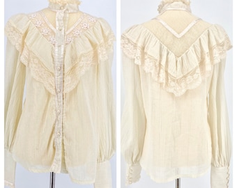 Vintage 70s Gunne Sax Victorian High Collar Gauzy Lace Satin Trim Long Juliet Sleeve Blouse by Jessica McClintock 'Gunnies'