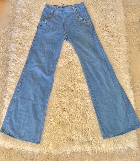 Vintage 70s High Waisted Sailor Button Lace up Wide Leg