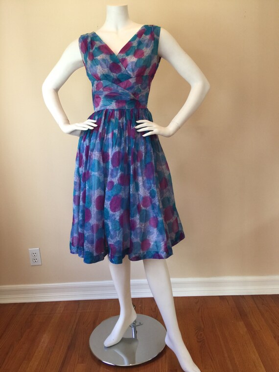 Vintage 1950s 1960s Blue and Magenta Print Chiffo… - image 1