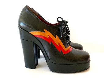 True Vintage Authentic 70s Glam Rock - Lightning Bolt Leather Platform Shoes - Bowie - Ziggy Stardust -Elton John -T-rex